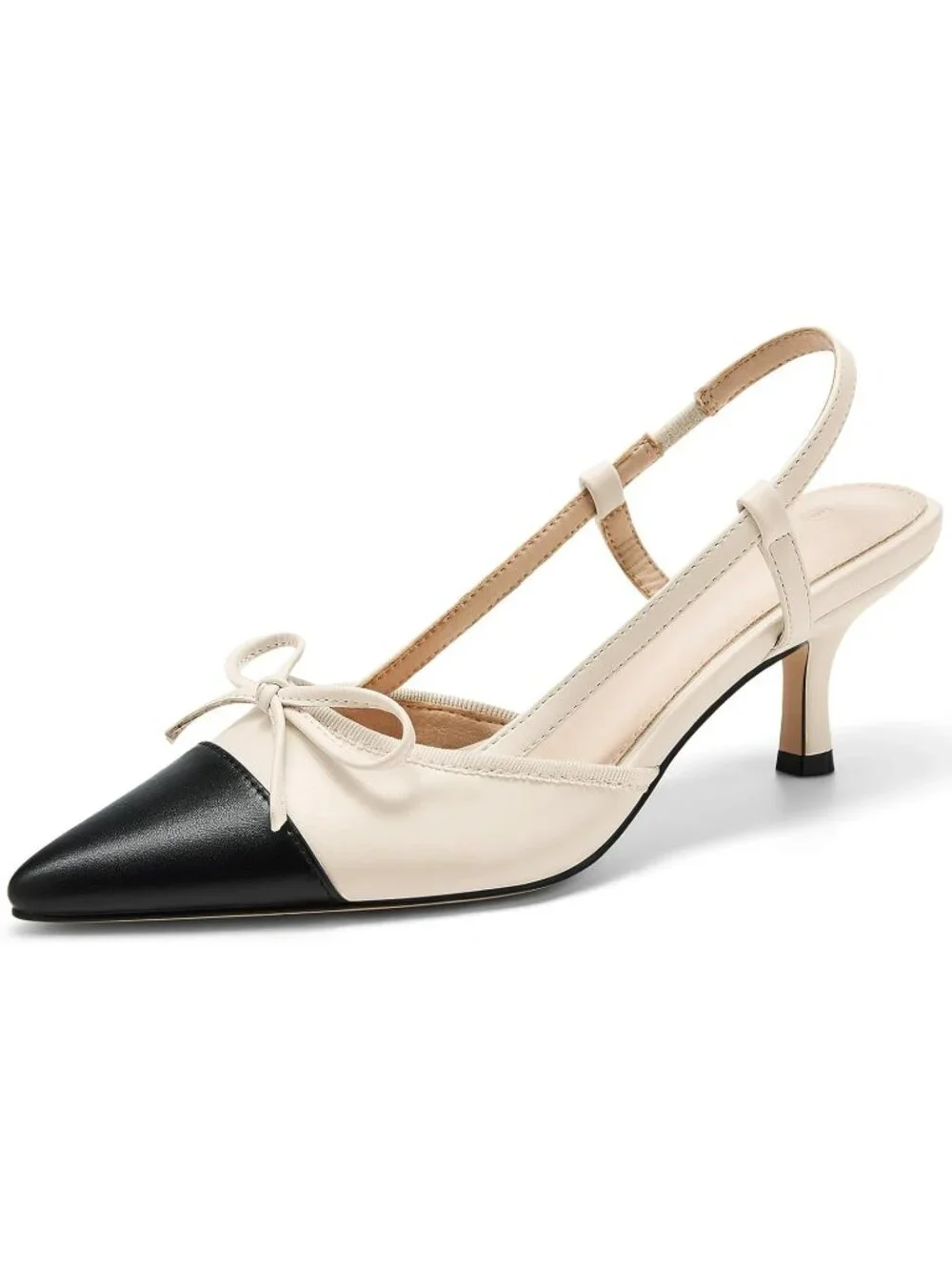 Women's Beige Slingback Kitten Low Heels Bow Closed Pointed Toe Dress Shoes